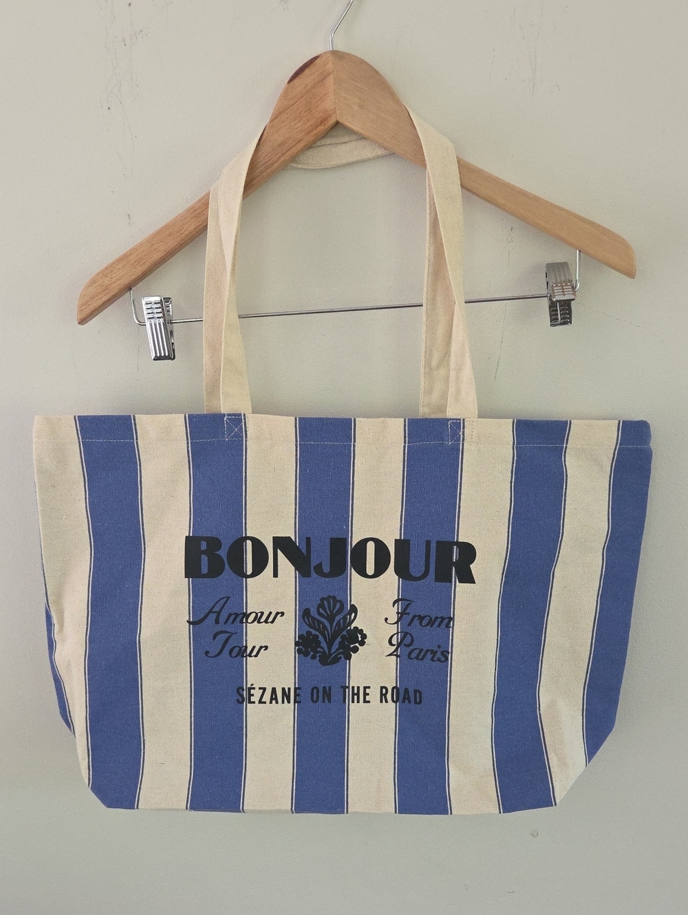Blue & Cream Striped 'Bonjour' Canvas Tote Bag